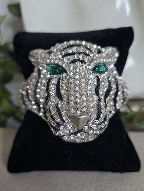 Silver And Black Enamel Tiger Head Statement Bracelet with CZ Crystal Green Eyes